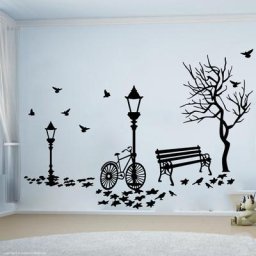 Autocollant Mural Moderne en Vinyle pour Chambre d'Enfant Paysage d'Automne Vélo Arbre Rue Cuir