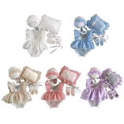Ensemble de vêtements en dentelle pour nouveau-né robe chapeau oreiller short chaussures 5