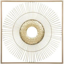 Décoration Murale avec Cardre en Métal de Forme Carrée 50 x 50 cm au Motif Solaire Doré pour Salon