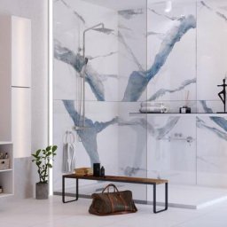Panneau mural de douche Kobert-in Compact Calacatta Blue en aluminium , 120 x 120 cm, marbre blanc