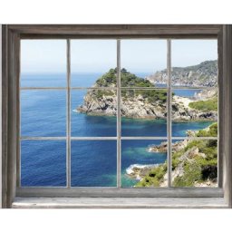 Sticker décoratif autocollant, Trompe-l'oeil fenêtre côtes et mer bleue photo, 75 cm x 60 cm