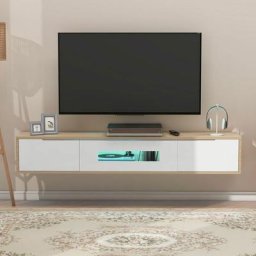 LBF - Meuble tv Suspendu Haute Brillance 180cm avec éclairage led, 1 Porte 2 Tiroirs - Blanc