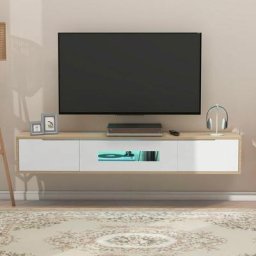 Merax - Meuble tv suspendu / Banc tv - Bois blanc brillant et chêne - avec éclairage led - 2