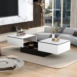 Table Basse Universelle Salon Haute Brillance avec Table Extensible et Espace de Rangement Blanc