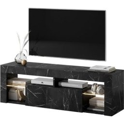 Selsey - bianko - Meuble tv / Banc tv (140 cm, marbre noir, éclairage led)