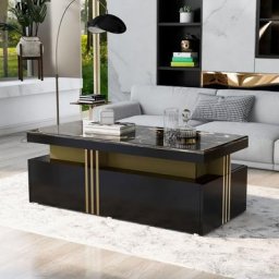 Table basse noir rectangulaire moderne avec planche à motifs en marbre et 2 tiroirs en bois, table