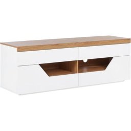 Meuble Rangement tv Blanc et Bois Clair 4 Tiroirs avec Trou pour Câble Cheval - Blanc