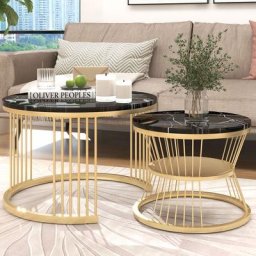 Lot de 2 tables basses gigogne rondes - Motif en marbre, cadre doré, table basse moderne style luxe