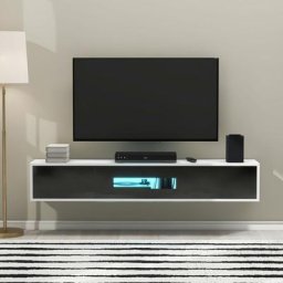 LBF - Meuble tv Suspendu Haute Brillance 180cm avec éclairage led, 1 Porte 2 Tiroirs - Noir