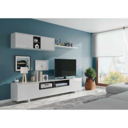 Meuble tv de salon à trois portes, avec module d'accrochage et étagère, coloris blanc brillant,