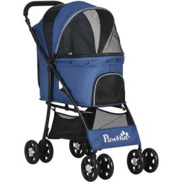 Pawhut - Poussette pliable pour chien chat - 4 roues doubles, 2 freins, attache, coussin inclus