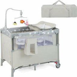 Lit Parapluie Bébé 5 en 1 avec Table à Langer Amovible, Lit Cododo Pliable avec Matelas, Musique et