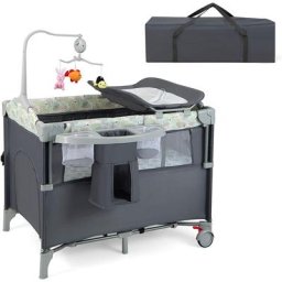 Lit Parapluie Bébé 5 en 1 avec Table à Langer Amovible, Lit Cododo Pliable avec Matelas, Musique et