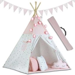 Viking Choice - Tente Tipi Wigwam - Tente de jeu avec lumière et banderoles - Rose - Blanc/Rose