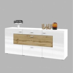Buffet 165cm collection KOBEE 3 portes et 2 tiroirs. Couleur blanc et chêne. - Blanc