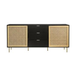 Buffet 2 portes et 3 tiroirs - MDF laqué noir et cannage en rotin naturel - L 180 x P 40 x H 80 cm