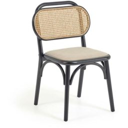 Kave Home - Chaise Doriane en bois d'orme massif finition laqué noir et siège en tissu - Noir