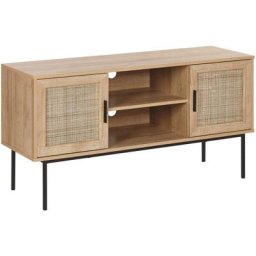 Meuble tv Buffet Design Effet Bois Clair avec 2 Portes Cannage en Rotin et Trous Passe Câbles