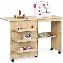 Table de Couture Pliable avec Roues Universelles (2 Verrouillables) et 4 Etageres de Rangement,