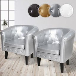 Fauteuil Chesterfield - Lot de 2, en Simili Cuir et Bois, avec Éléments Décoratifs Touffetés, 58 x