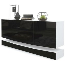 Vladon Buffet Commode Dressoir Crédence City en Blanc - haute brillance & tons naturels - Façades