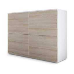 Vladon - Commode Buffet Armoire Rova en Blanc mat - haute brillance & tons naturels - Chêne brut /