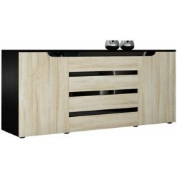 Buffet Commode Dressoir Crédence Sylt en Noir - haute brillance & tons naturels - Chêne brut / Noir