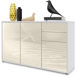 Commode Armoire Dressoir Crédence Ben V3 Blanc mat - haute brillance - Façades en Crème haute