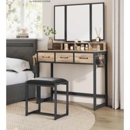 Coiffeuse avec Tabouret, Miroir Triple, 3 Tiroirs, 90 x 40 x 141 cm, Porte-sèche-Cheveux, Pot,
