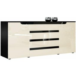 Buffet Commode Dressoir Crédence Sylt en Noir - haute brillance & tons naturels - Crème haute