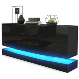 Vladon Buffet Commode Dressoir Crédence City en Noir - haute brillance & tons naturels - Façades en
