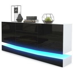Buffet Commode Dressoir Crédence City en Blanc - haute brillance & tons naturels - Façades en Noir