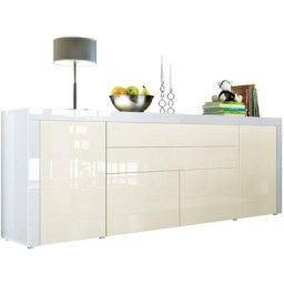 Vladon Buffet Commode Dressoir Crédence La Paz V2 Blanc, haute brillance, tons naturels - Crème