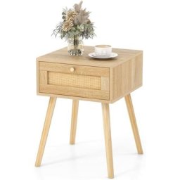 Table de Chevet en Rotin, Table de Nuit Bois avec Tiroir et 4 Pieds en Pin, Chevet de Lit pour