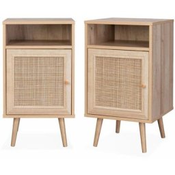 Lot de 2 tables de chevet en cannage - Bohème - 40x39x65.8cm Naturel - 2 niveaux - 1 portes - 1