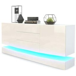 Buffet Commode Dressoir Crédence City en Blanc - haute brillance & tons naturels - Portes en Crème