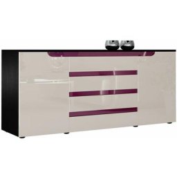 Buffet Commode Dressoir Crédence Sylt en Noir - haute brillance & tons naturels - Gris sable haute