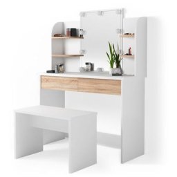 Coiffeuse ""Charlotte"" Blanc/Chêne clair avec banc et éclairage led Vicco