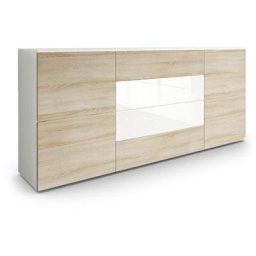 Buffet Commode Dressoir Crédence Rova en Blanc - haute brillance & tons naturels - Chêne brut /