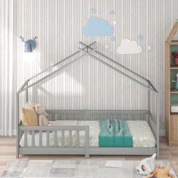 Lit cabane enfant 90 x 200 cm - cadre de lit en pin massif, avec sommier à lattes et toit, avec