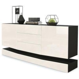 Buffet Commode Dressoir Crédence City en Noir - haute brillance & tons naturels - Portes en Crème