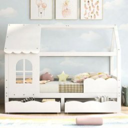 Lit cabane Lit enfant lit adolescent, 200x90cm avec protection antichute multifonction en bois,
