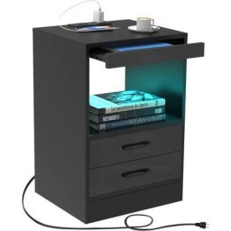 Table de Chevet avec 2 tiroirs et 16 Couleurs Lumières LED,Table de Nuit avec Port USB et Prise