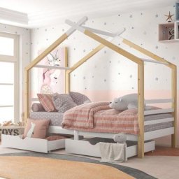 Hommoo - Lit cabane 90x200 + sommier + 2 tiroirs / Naturel & blanc - Naturel & blanc
