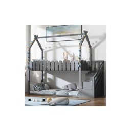 Lit superpos谷 enfant, lit cabane en bois avec 2 tiroirs, escalier et clture pour meuble de chambre
