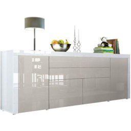 Buffet Commode Dressoir Crédence La Paz V2 Blanc, haute brillance, tons naturels - Gris sable haute