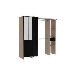 Kit dressing avec rideau - Décor Chene et noir - 1 porte et 1 tiroir - l 181 x p 50 x h 180 cm –