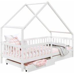 Lit cabane alva lit enfant simple asymétrique en bois 90 x 200 cm, avec rangement 2 tiroirs, en pin