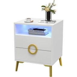 Table de Chevet Brillant avec 2 tiroirs et 16 lumières led rvb pour Chambre à Coucher, Salon ou