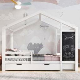 Homavo - Lit cabane enfant 90x200cm,lit en bois avec tableau et 2 tiroirs, Lit d'enfant bois massif